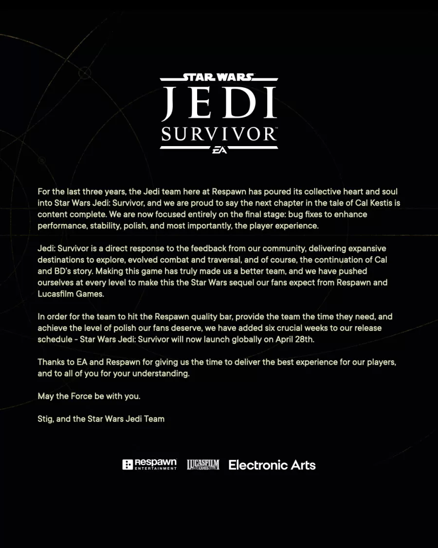 Star Wars Jedi Survivor delayed